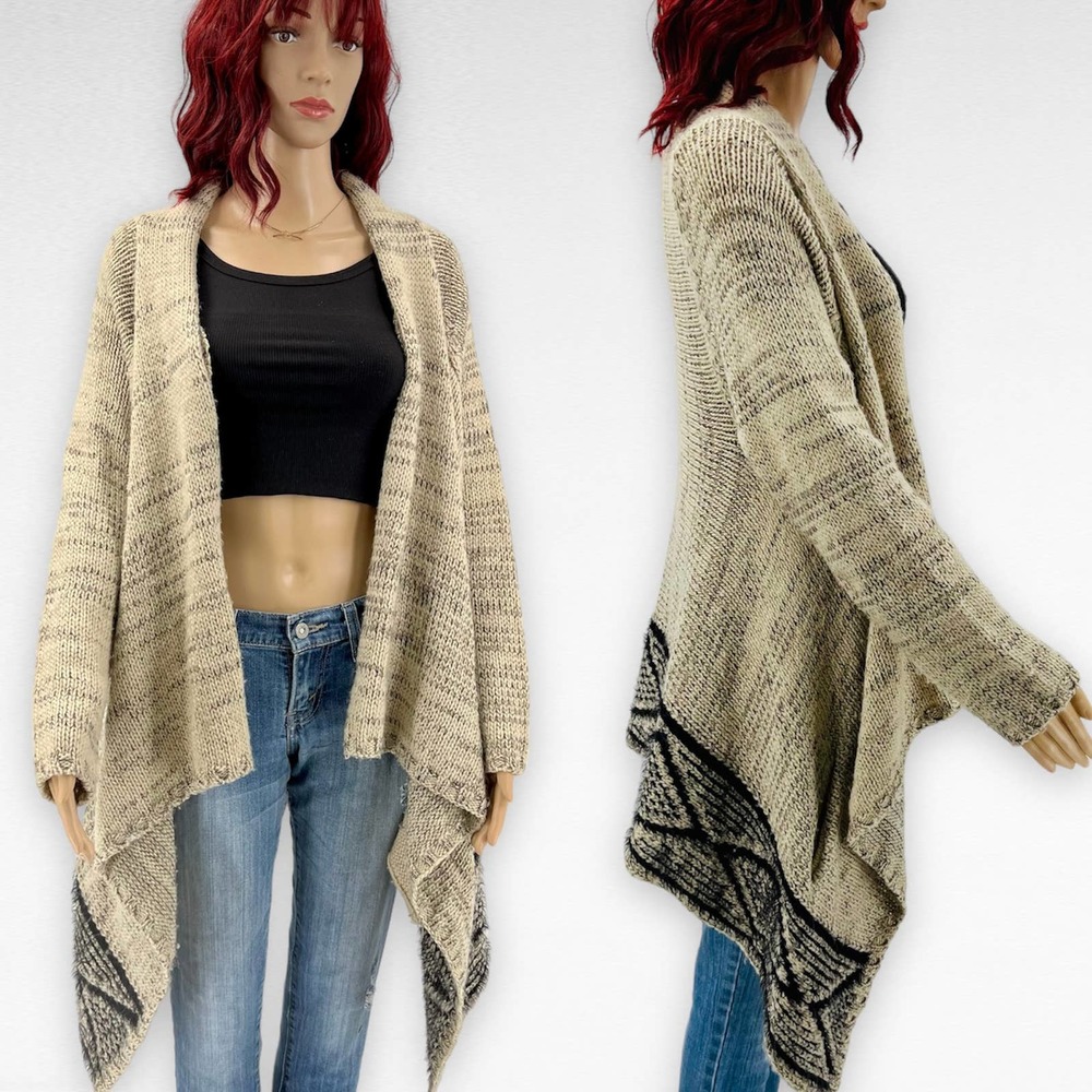 BCBGMaxazria Womens Draped Cardigan Medium Beige Wool Hi/Low Open Shawl